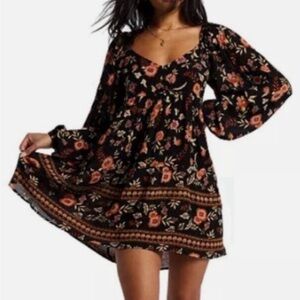 Billabong Black Floral Boho Mini Dress with Rust and Green Accents